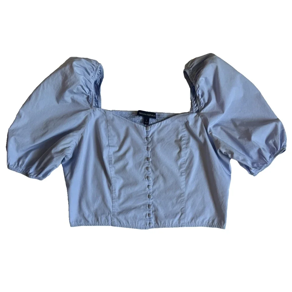 Banana Republic Periwinkle Smocked Crop Top L 100% Cotton Puff Sleeve, Romantic